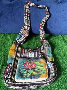 Himalayan Hemp & Cotton Boho Crossbody Bag Lotus Flower Frog Embroidery Tie Dye